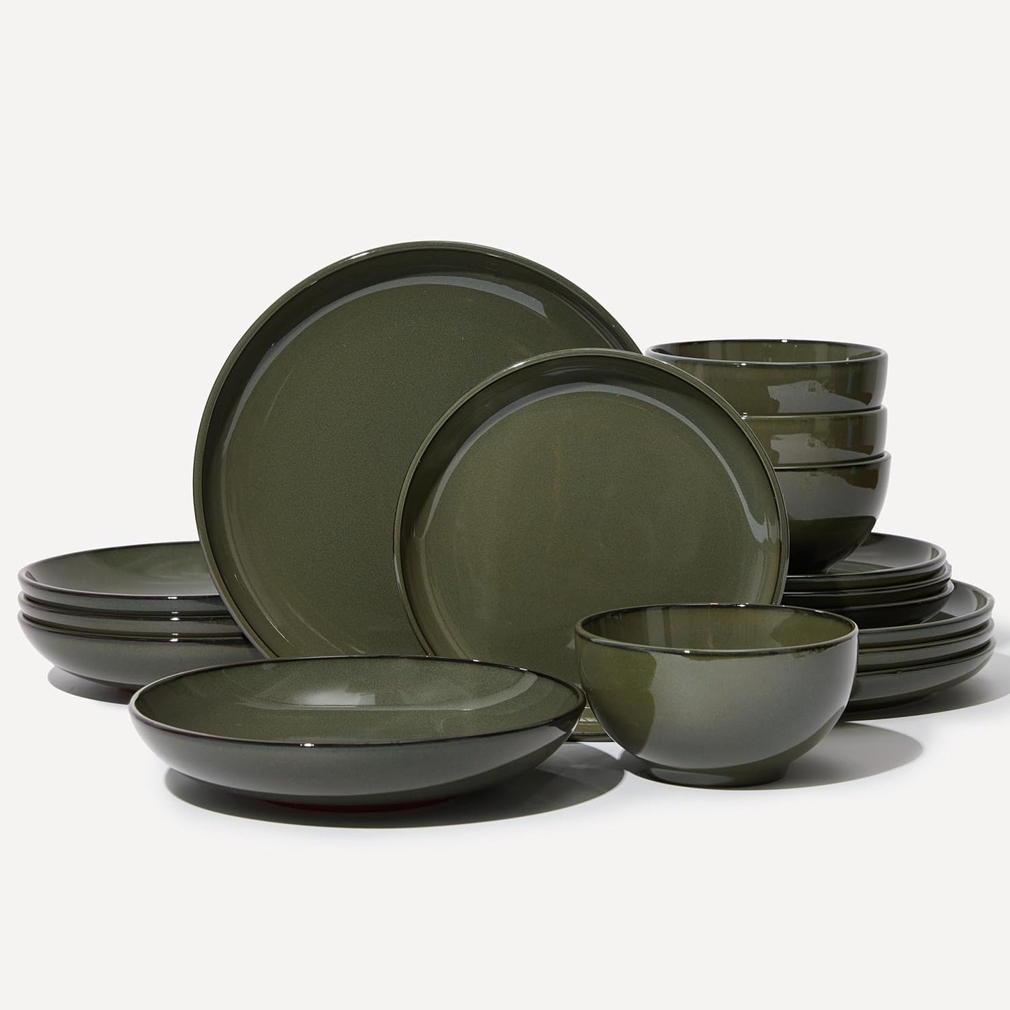 16 Piece Double Bowl Dinnerware Sets with Pasta Bowls, Highly Chip and Crack Resistant Plates and Bowls Sets, Natural Earthyware Ceramic Dishware Sets, Service for 4 Blackish Green
