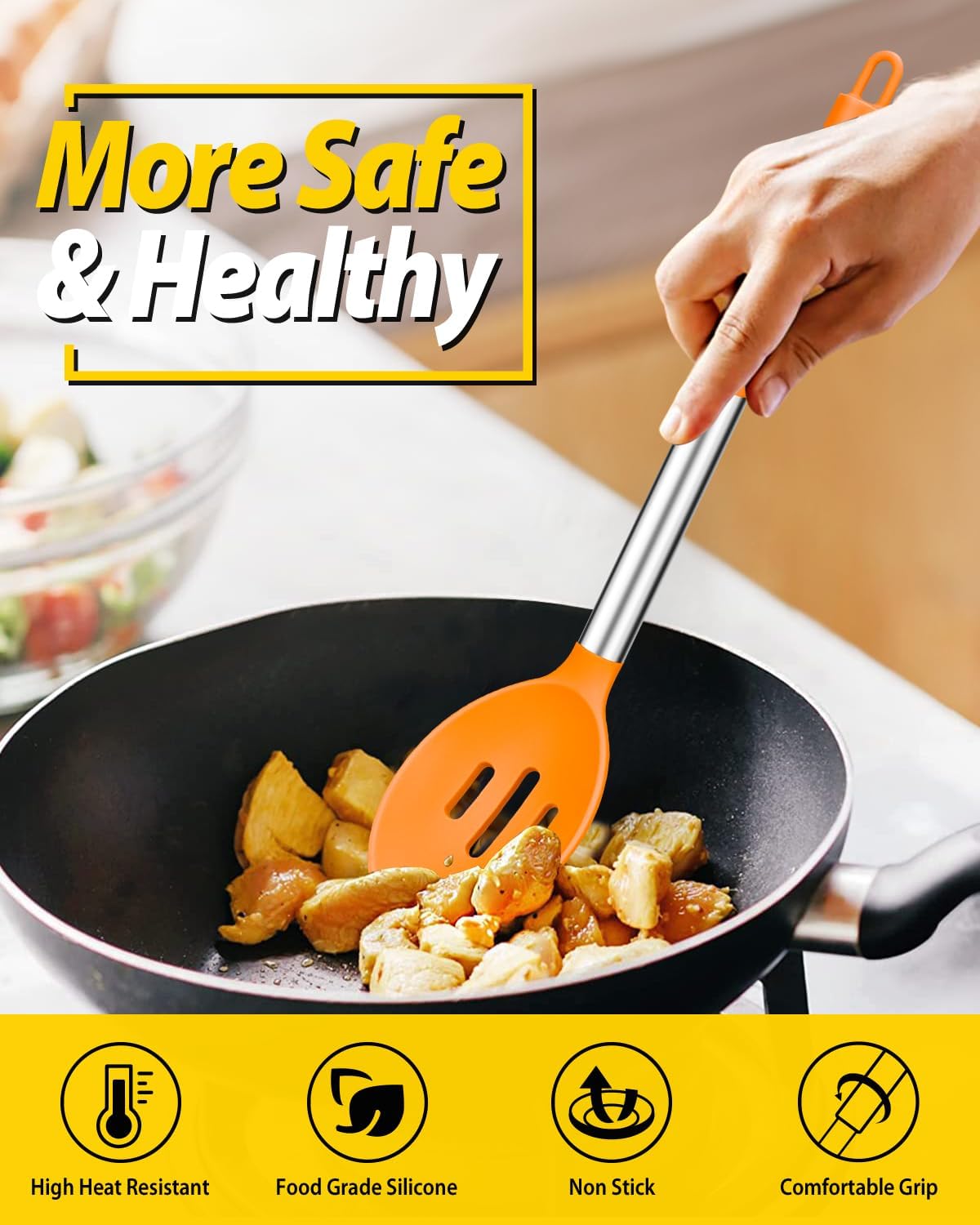 Pack of 2 Large Silicone Cooking Spoons,Non Stick Solid Basting Spoon,Heat-Resistant Kitchen Utensils for Mixing,Serving,Draining,Stirring (ORANGE)