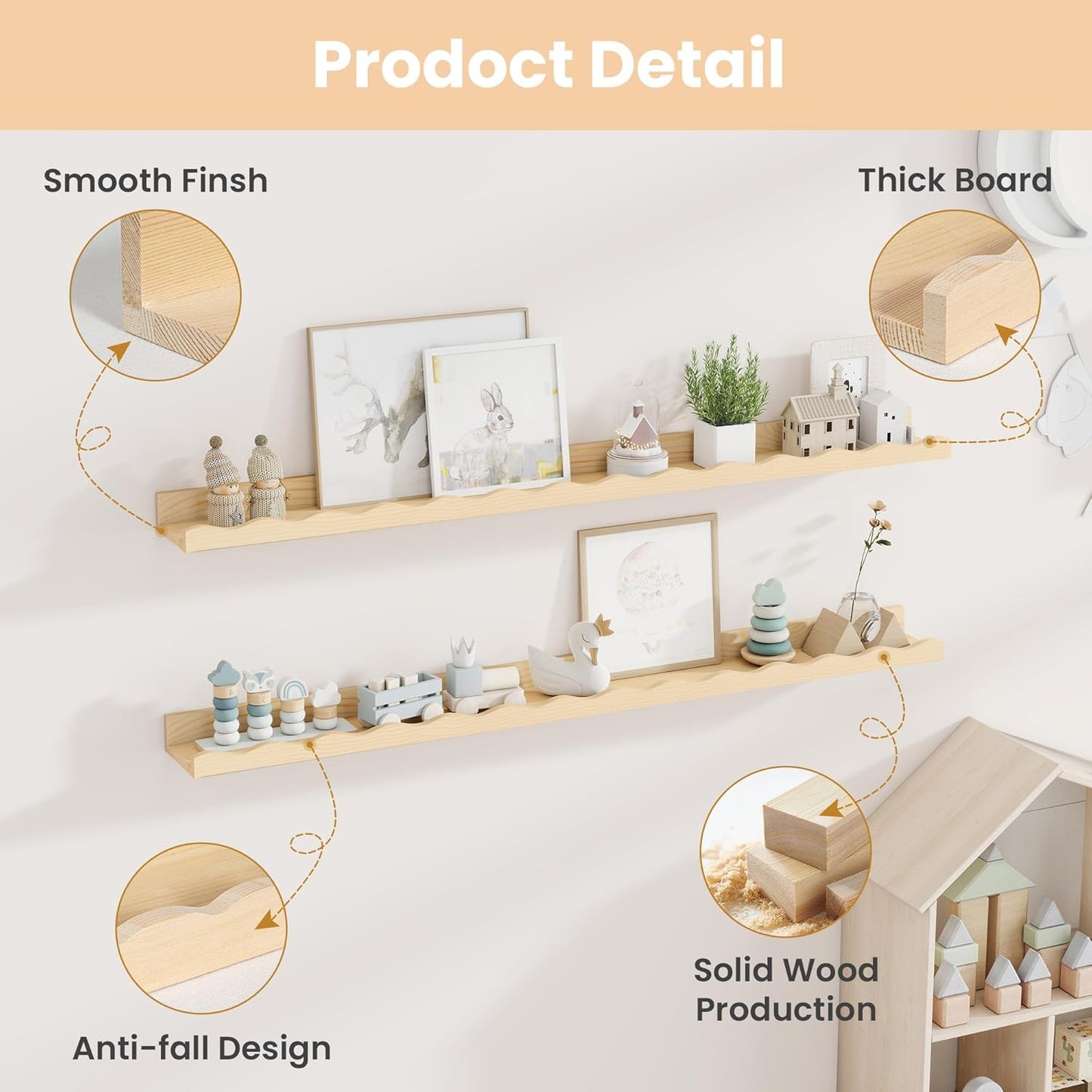 Fun Memories Picture Ledge Shelf for Wall, 48 inch Pine Wood Nursery Book Shelves Set of 2- Wall Book Shelves for Kids Room, Home Decor - Kitchen Spice-Natural