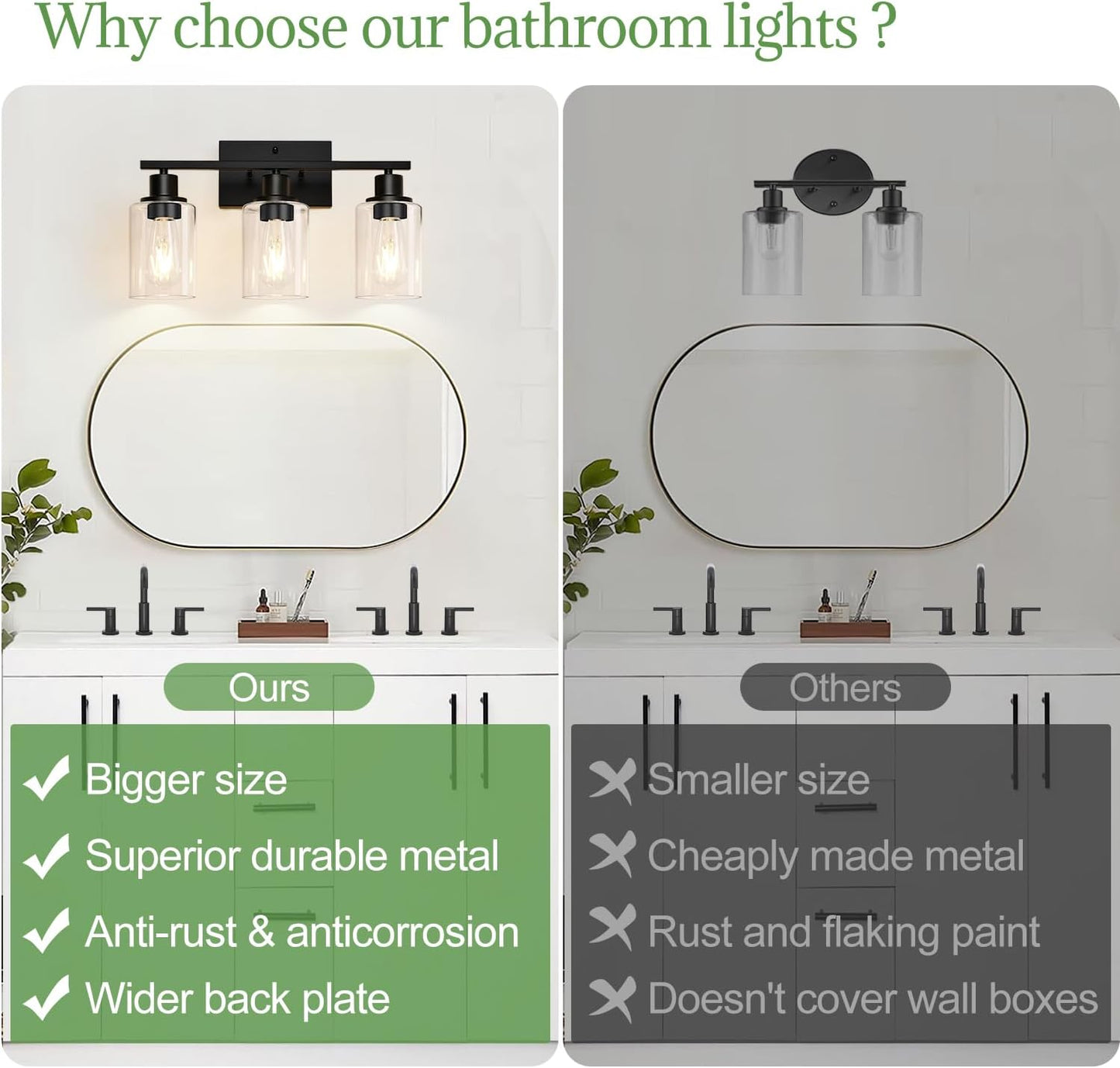 3 Light Bathroom Light Fixtures, Matte Black Modern Vanity Lights with Clear Glass Shade, Bathroom Wall Lamp for Mirror Kitchen Living Room Hallway Cabinet Porch