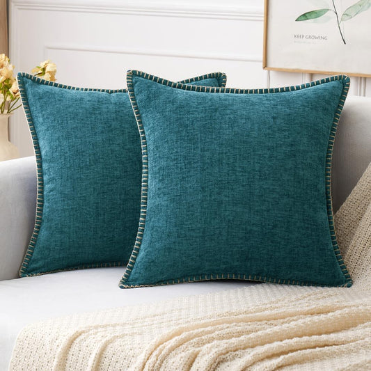 MIULEE Pack of 2 Couch Throw Pillow Covers 18x18 Inch Coastal Dark Teal Farmhouse Decorative Pillow Covers with Stitched Edge Soft Chenille Solid Dyed Spring Pillow Covers for Sofa Bed Living Room