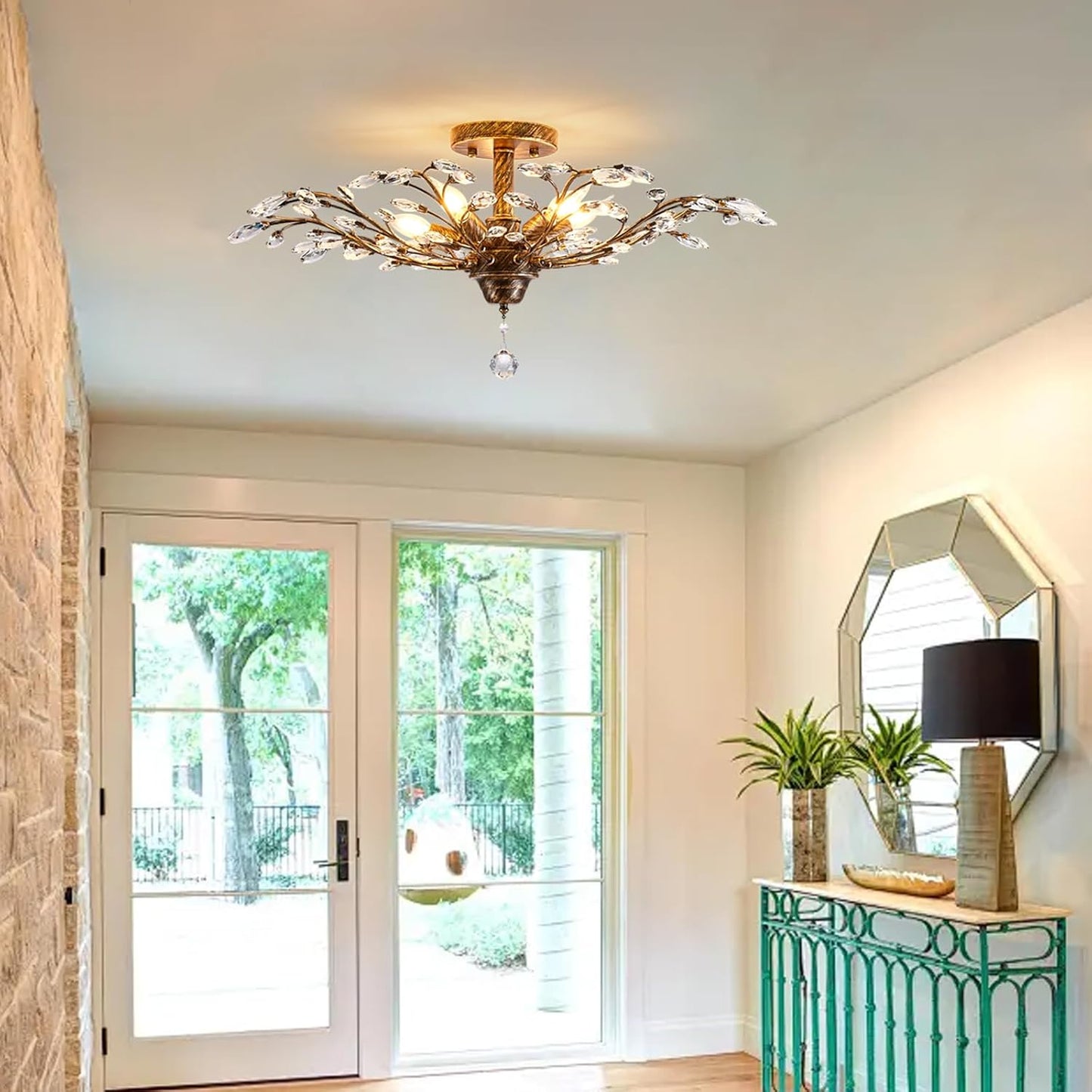 Ganeed Vintage Crystal Chandelier, Modern Bronze Branches Ceiling Light Fixture with 5-Light Heads for Farmhouse Living Room Dinning Room Kitchen Over Table Hallway