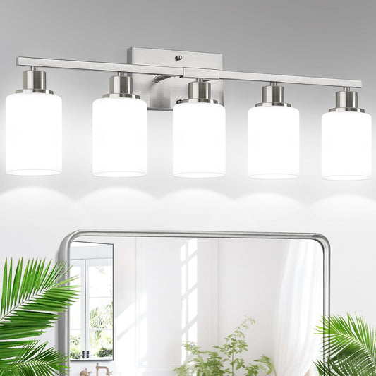 5-Light Brushed Nickel Bathroom Vanity Light with Milky White Frosted Glass Shades, Modern Bathroom Light Fixtures, Up/Down Reversible Lighting for Mirror, Bedroom, Kitchen, Living Room, Hallway