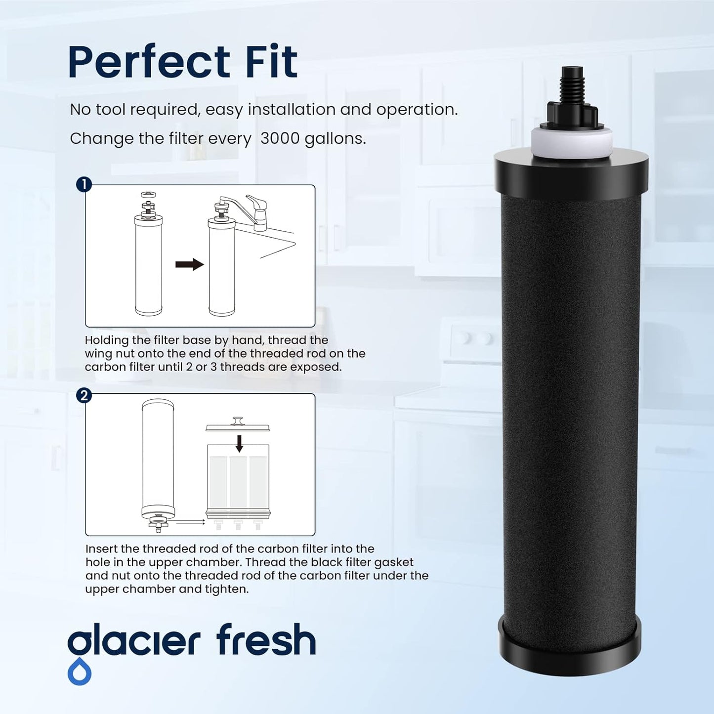GLACIER FRESH Replacement for BB9-2 Black Purification Water Filter, Compatible with Berkey® BB9-2 Black Filters and Berkey® Gravity Water Filter System, 3 Pack