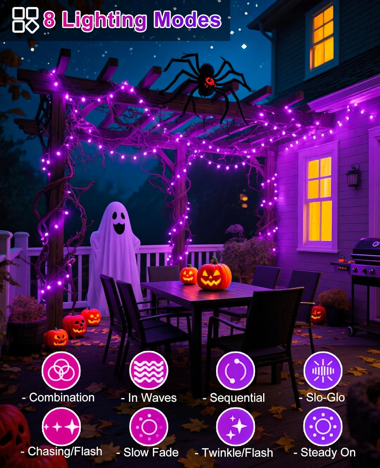 Halloween Lights Outdoor 40FT 120 LED, Green Wire String Lights for Outside Waterproof, 8 Modes Connectable Twinkle Tree Light for Indoor Bedroom Yard Party Holiday Decorations, Purple