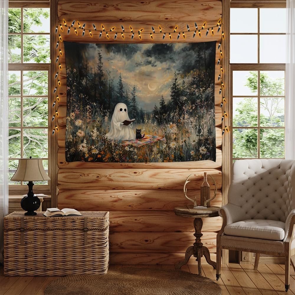 Halloween Ghost and Black Cat Tapestry Wall Hanging Spooky Ghos Reading Book in Wildflowers Wall Decor Halloween Witchy Room Aesthetic Tapestries for Goth Living Room Bedroom Decoration 40x60inch