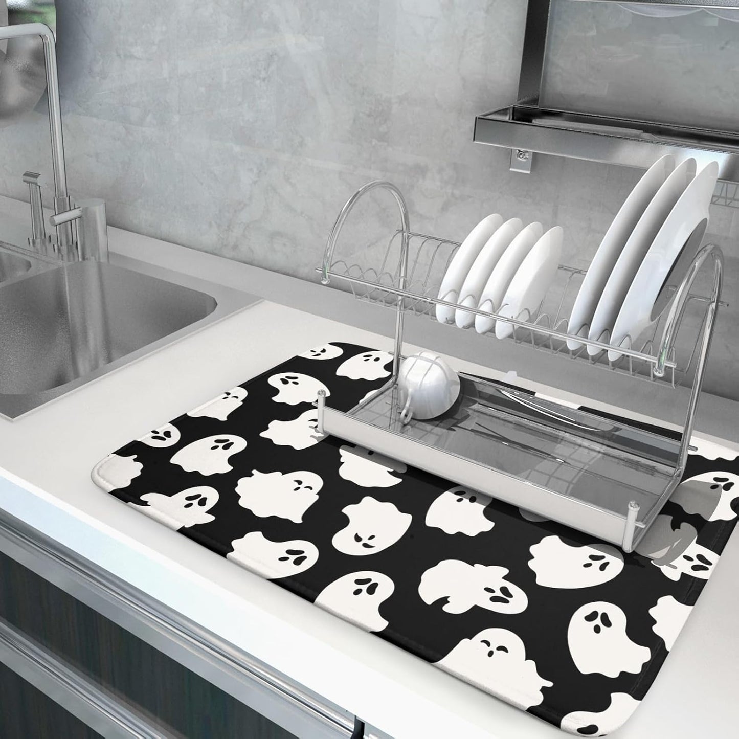 Halloween Dish Drying Mat for Kitchen Counter Cute Ghost Holiday Super Absorbent Reversible Microfiber Kitchen Countertop Protector Dishes Pad Large 18x24 inch