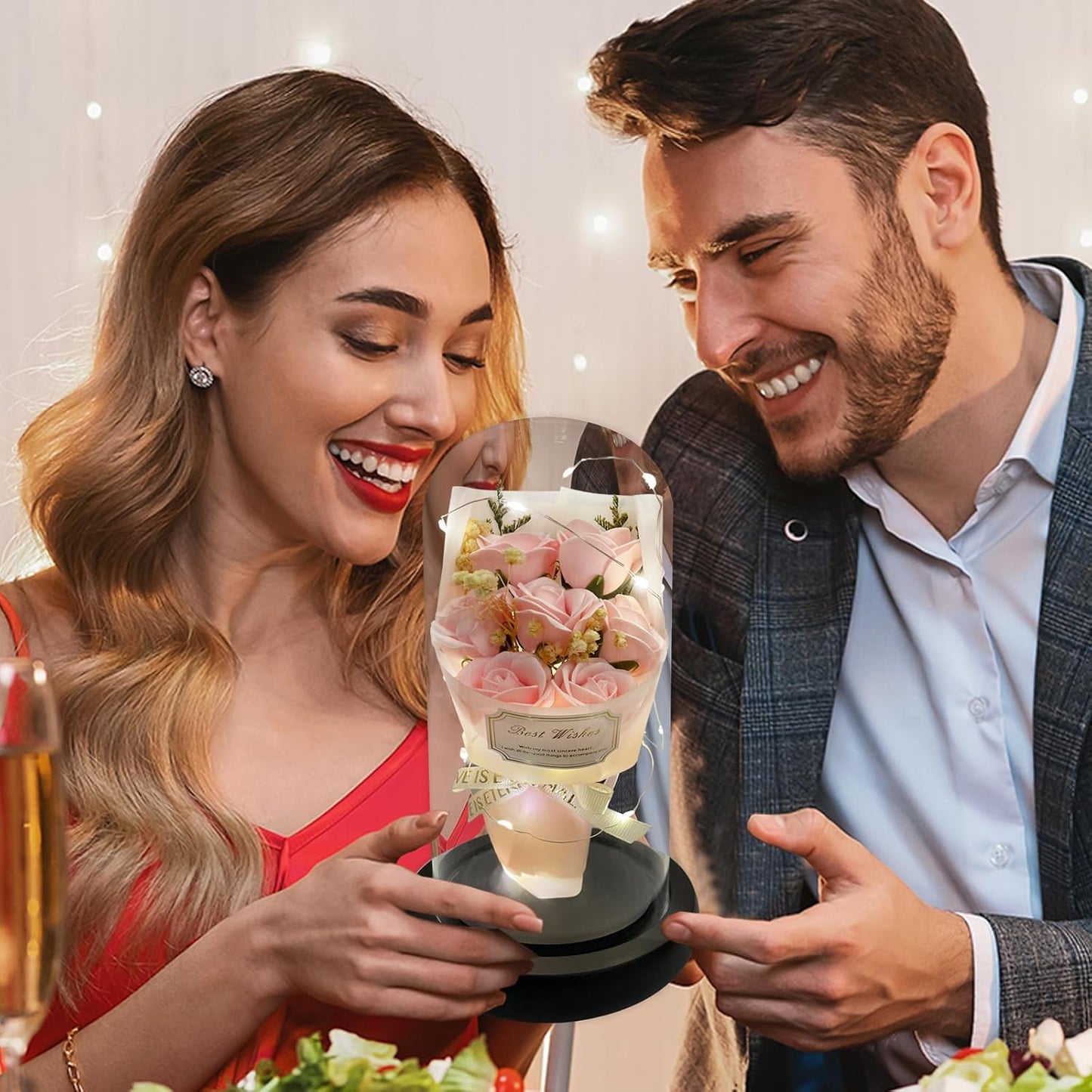 Gift for Her Forever Flower Bouquet for Delivery Prime Preserved Pink Roses Glass Dome LED Light 100 Languages I LOVE YOU Necklace Mothers Day Birthday Romantic Valentines Gift for Wife Women Mom