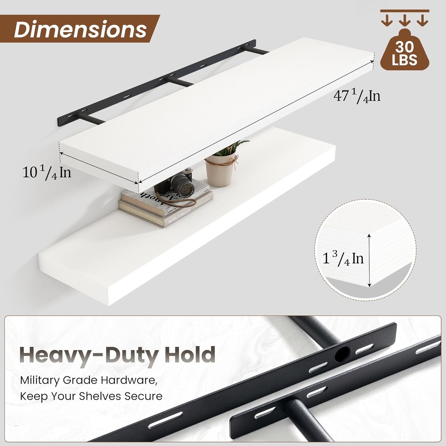 Heimlove 48" White Floating Shelves for Wall,10 Deep Rustic Wood Display & Storage Wall Shelves with Heavy Duty Brackets for Bathroom,Bedroom,Kitchen,Living Room,Office,Set of 2