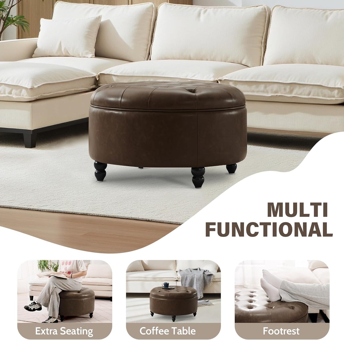 30-Inch Large Round Ottoman, Faux Leather Coffee Table with Removable Lid Top, Upholstered Footrest Modern Button Circle Storage Ottoman for Living Room, Office, PU Coffee