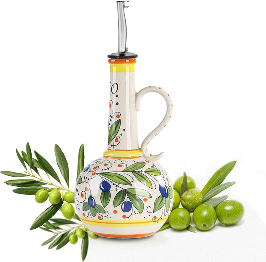 18 oz Ceramic Olive Oil Dispenser Bottle for Kitchen, Large Capacity Oli and Vinegar Cruet with Stainless Steel Spout, 540 ml Oil Container with Handle for Cooking Preventing, Vinegar Cruet