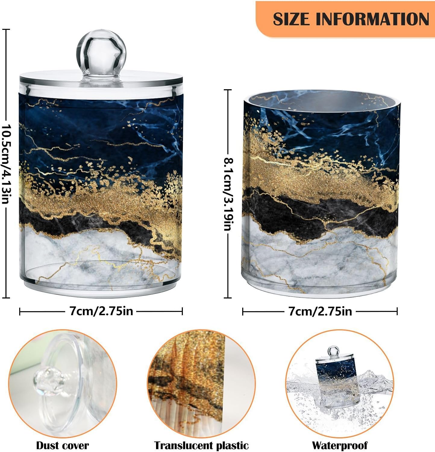 2 Pack Qtip Holder Dispenser Navy Blue Marble Bathroom Storage Canister Lid Acrylic Plastic Apothecary Jar Set Vanity Makeup Organizer for Cotton Swabs/Pads/Floss