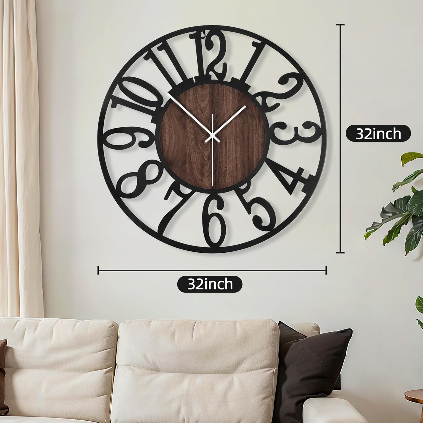 Maxstar Large Round Wall Clock for Living Room Decor Battery Operated Non Ticking Black Metal Wood Clocks for Home Living Room Garden Farmhouse Office Kitchen Decoration -32 inch