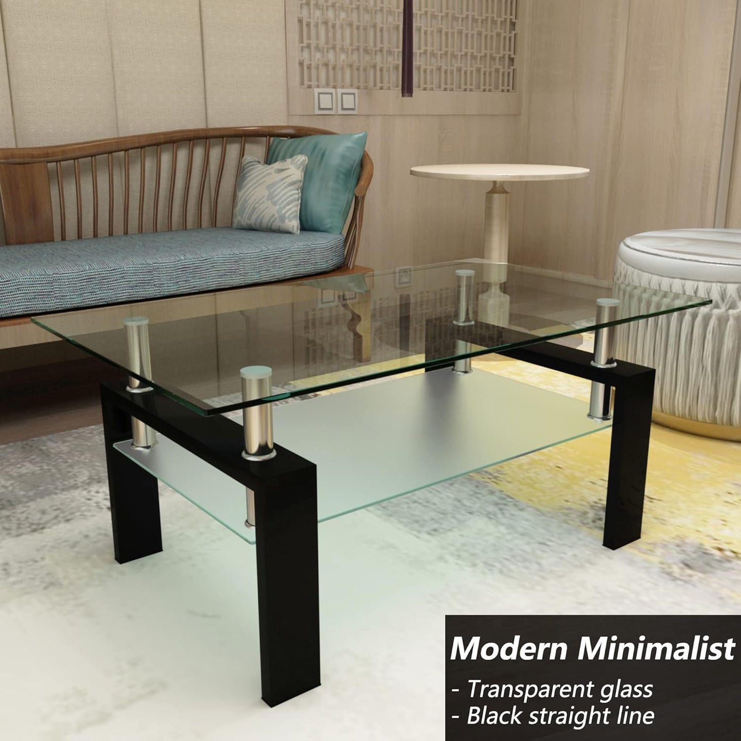 Glass Coffee Table for Living Room, 2 Layer Center Table with Clear Rectangle Tempered Glass Top Black Metal Leg, Mordern Home Office Furniture