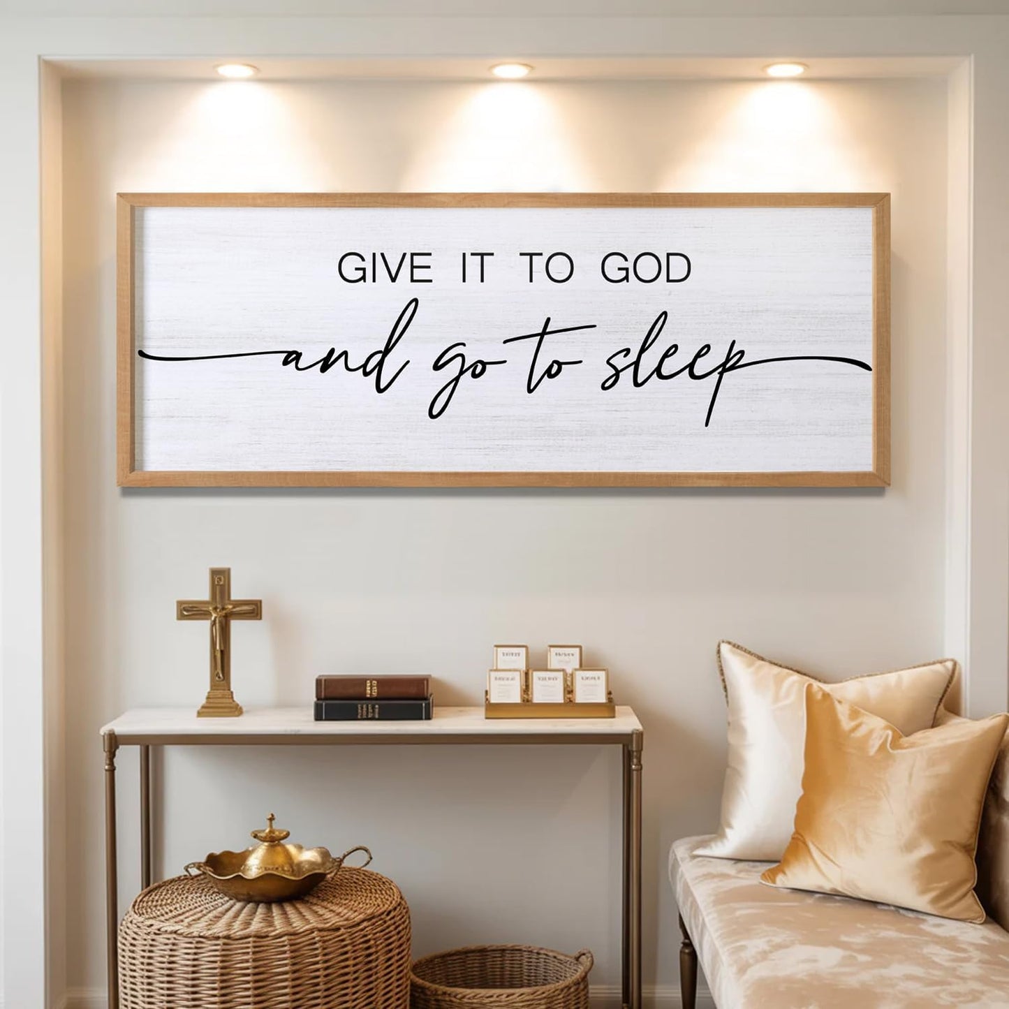 Give It to God and Go to Sleep Decorative Rustic Sign & Plaque Framed Wall Art for Couples, 40''×15'' Vintage Cottagecore Wooden Horizontal Wall Decor Above Bed, Farmhouse Wedding Gift for Bedroom