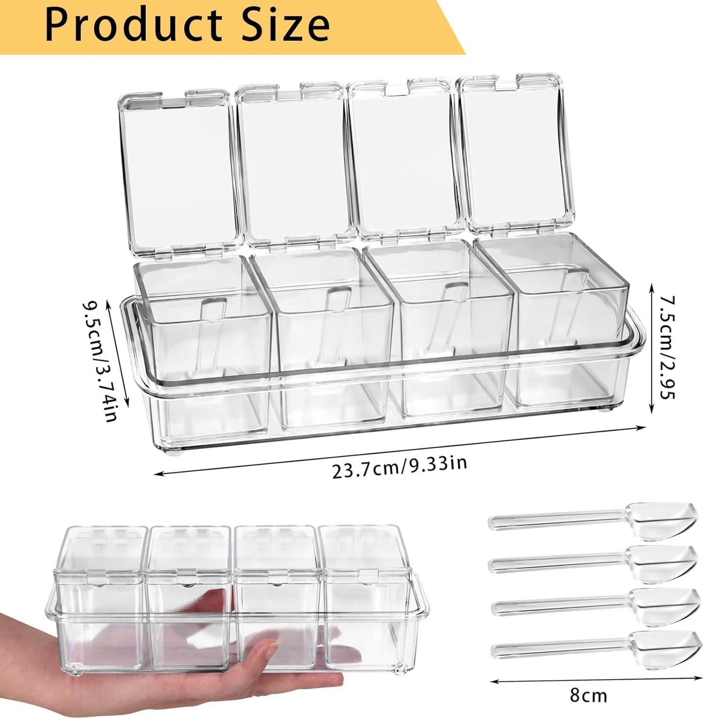 4-Cell Clear Seasoning Rack Spice Box, Storage Container Condiment Jars Acrylic Seasoning Box with Cover and Spoon (Basic Clear)