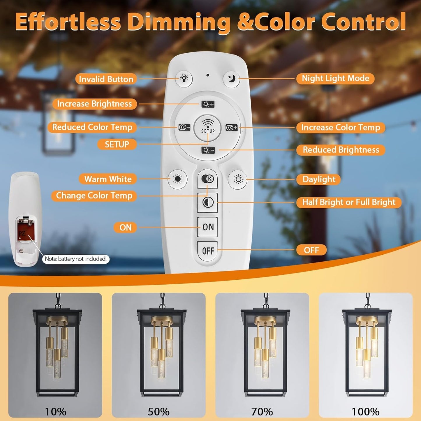 3-Color LED Outdoor Pendant Light with Remote, 3-Light 19" Large Outdoor Chandelier for Porch, Black Gold Exterior Pendant Lighting Fixtures Ceiling Mount Pendant Lantern for Patio Front Door