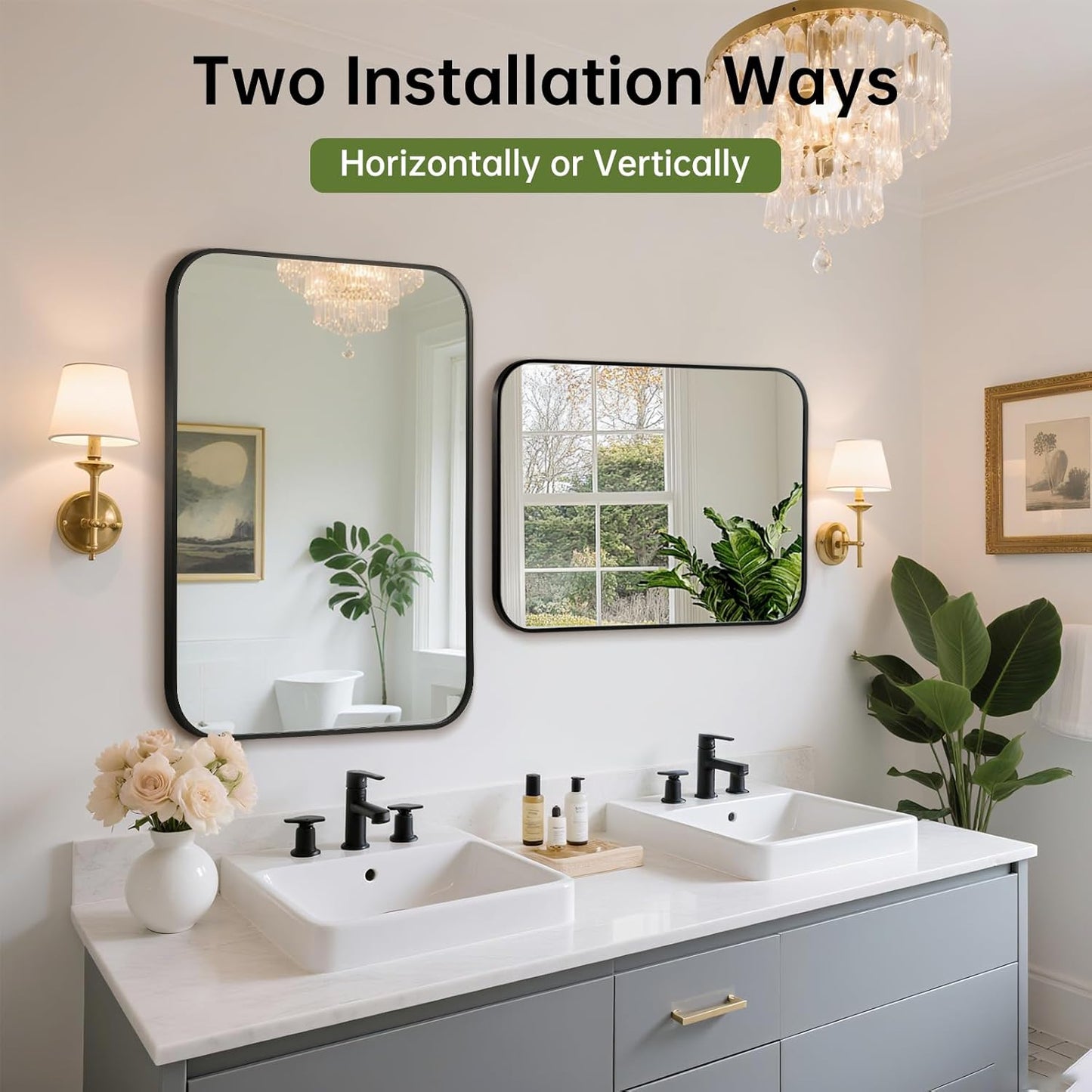 FARMER 22x30 Inch Black Bathroom Mirror, Rectangle Vanity Mirror, Brushed Mirrors for Wall, Metal Frame Hanging Mirror with Round Corner for Bedrooms, Entryways, Living Rooms, Horizontal/Vertical