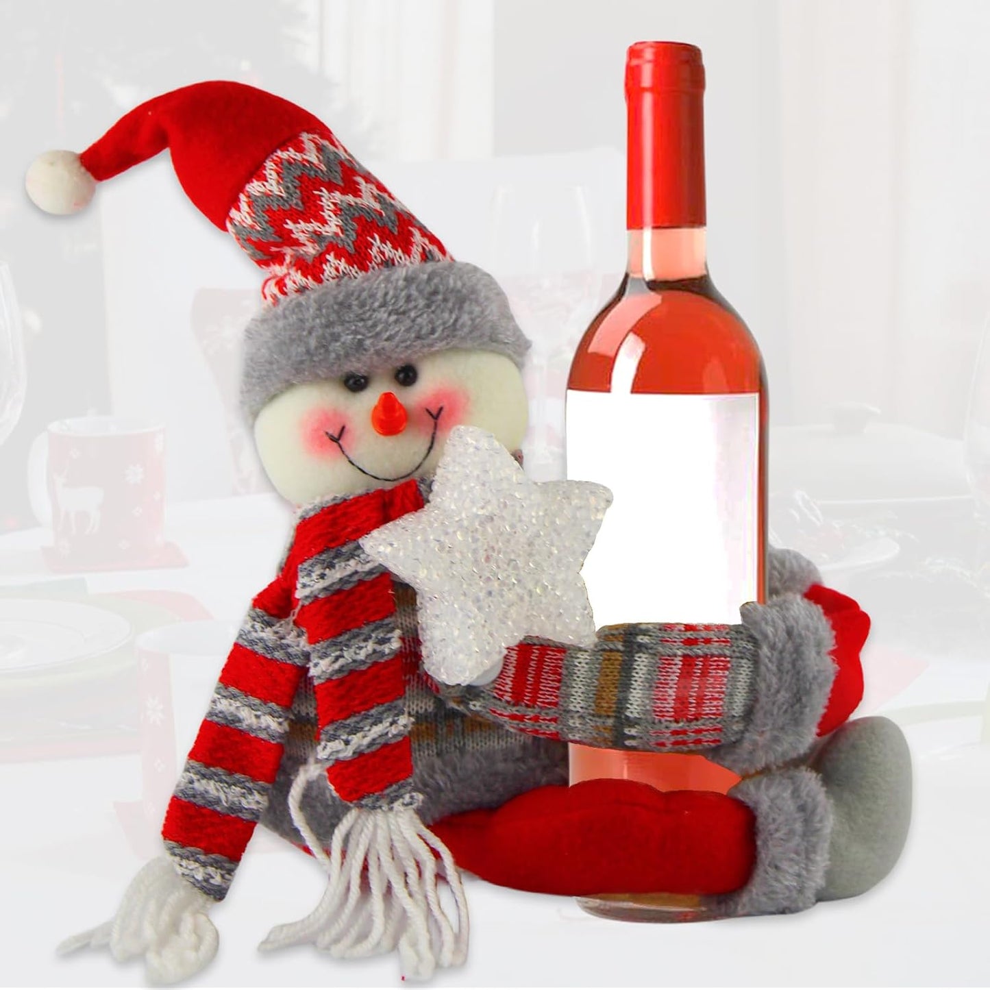 Christmas Plush Snowman Tree Topper with Lighted Red Star,Xmas Treetop Ornament-Also Be Used As Home Curtain Tie and Hugger Wine Bottle Party Decorations