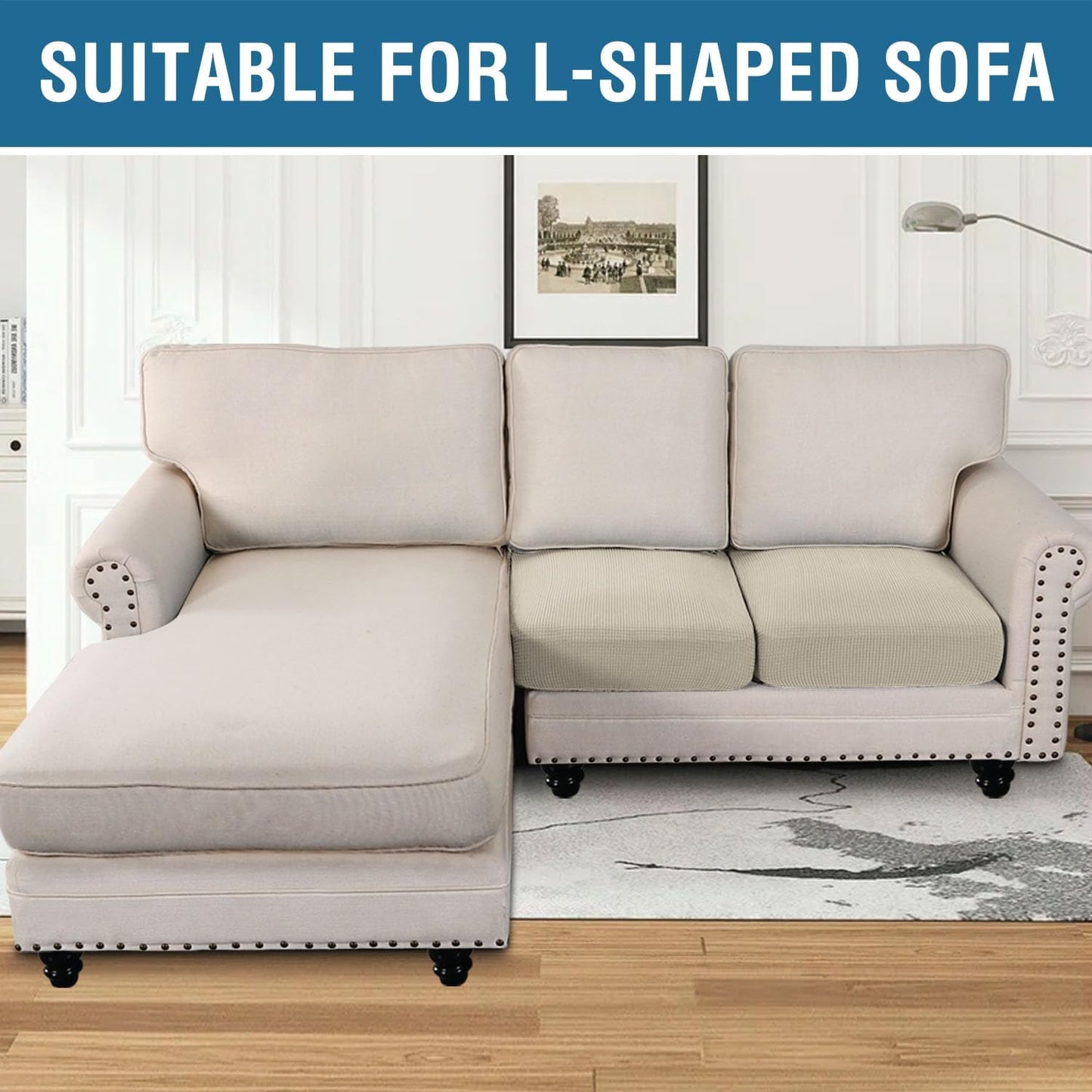 H.VERSAILTEX Super Stretch Individual Seat Sofa Covers Couch Slipcover Sets Thick Jacquard Textured Twill Fabric (2 Piece Medium Sofa Cushion Covers, Natural)