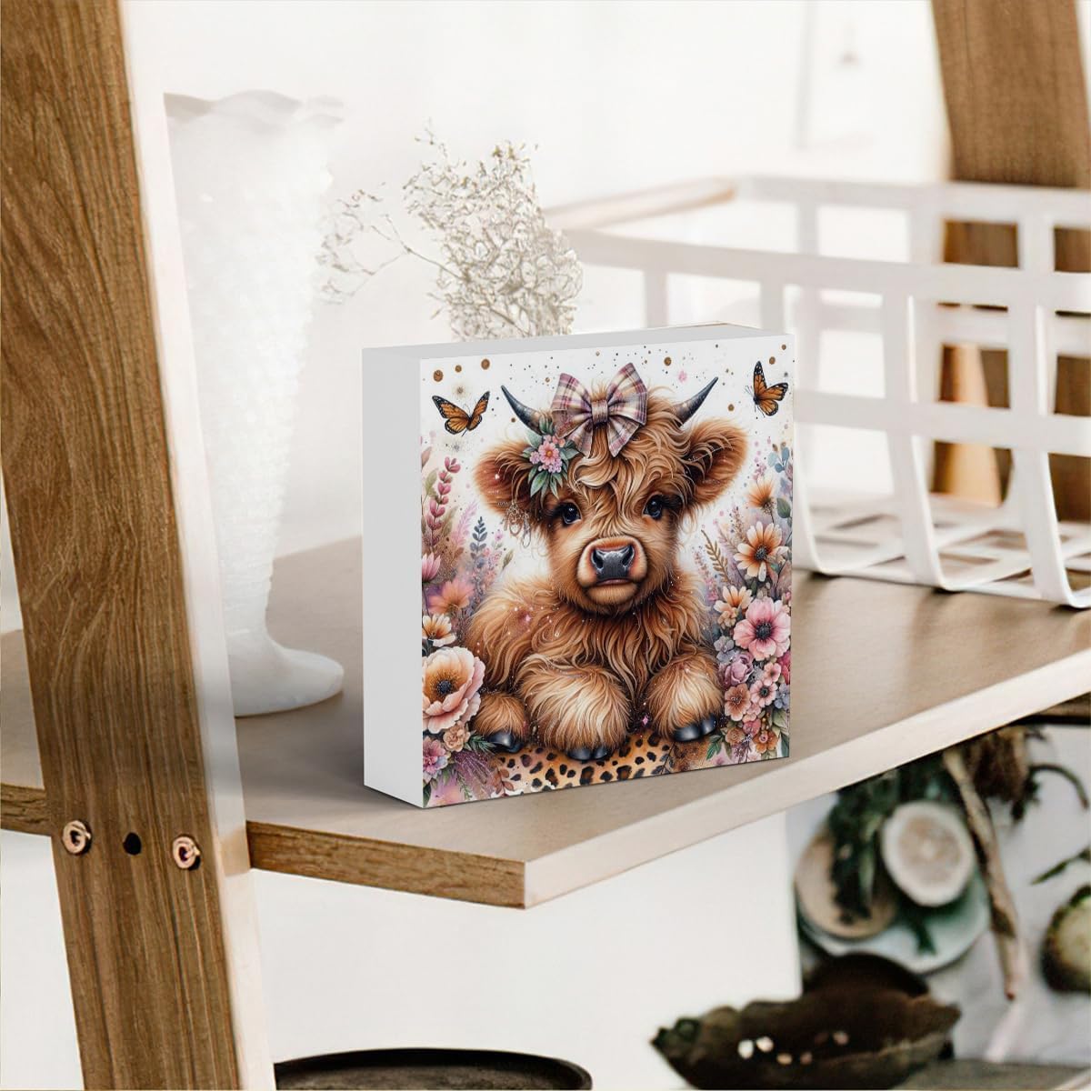 Highland Cow Baby Decor, Highland Cow Decor, Highland Cow Gifts for women, Highland Cow Nursery Decor, Gifts for Girls, Wooden Box Decor Sign for Home Farmhouse Office Living Room Table Shelf Tiered