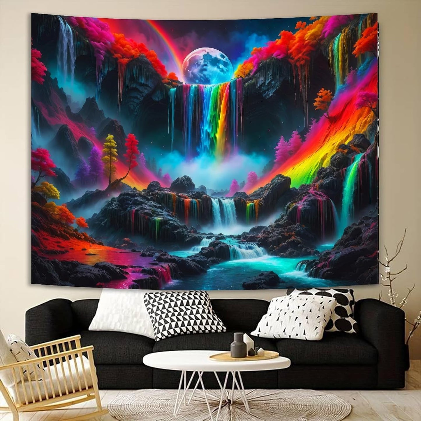 SparkLia Blacklight Waterfall Planet Tapestry, UV Reactive Glow in the Dark Fantasy Landscape Mountain Wave Neon Nature Wall Hanging Tapestries for Bedroom - 90 x 70 inches