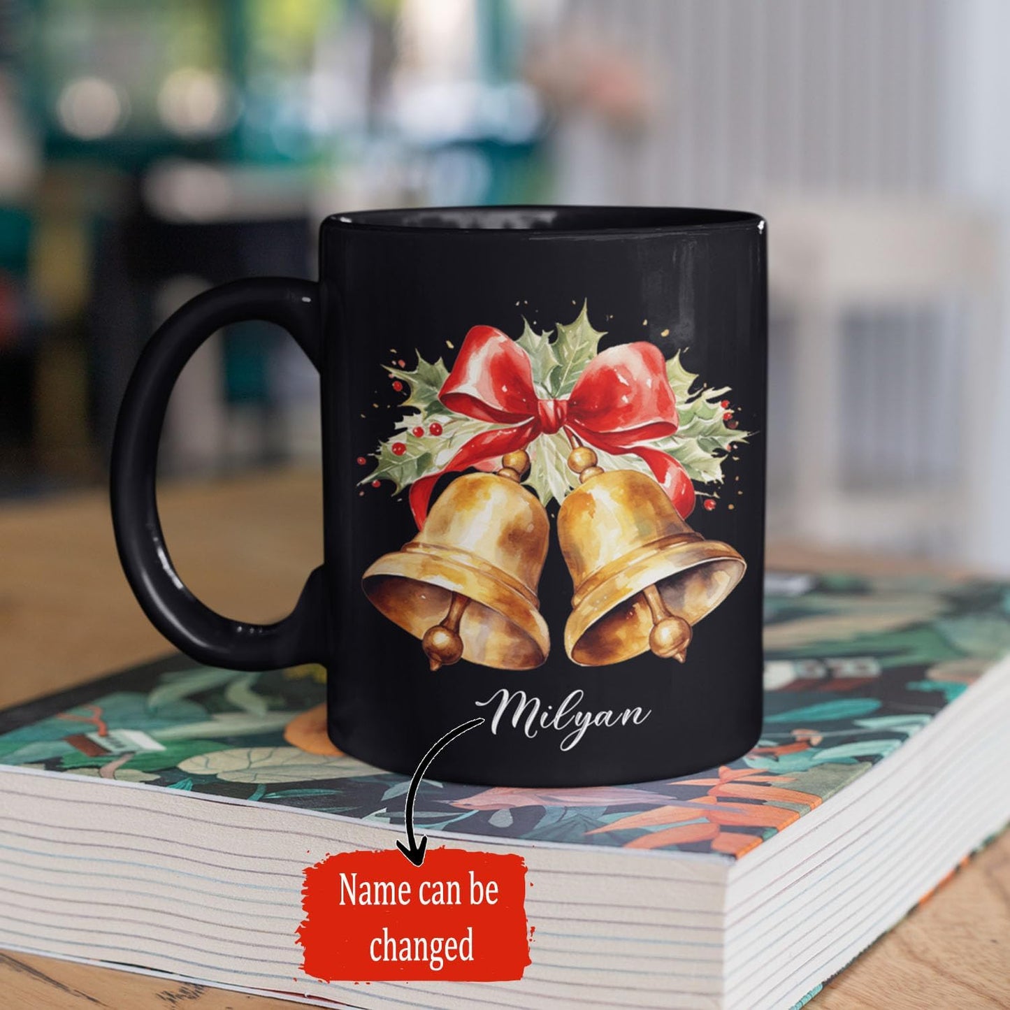 Christmas Jingle Bells Design Ceramic Mug, Custom Christmas Themed Cup With Name, Gift For Sibling, Personalized Coffee Mug With Jingle Bells Design, Customized Xmas Black Cup 11oz 15oz