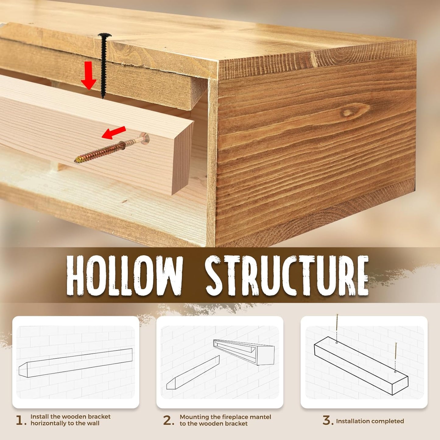 48x8x5 Fireplace Mantel - Handcrafted Rustic Solid Wood Wall Mounted Floating Shelf with Invisible Heavy Duty Wood Bracket (Natural)