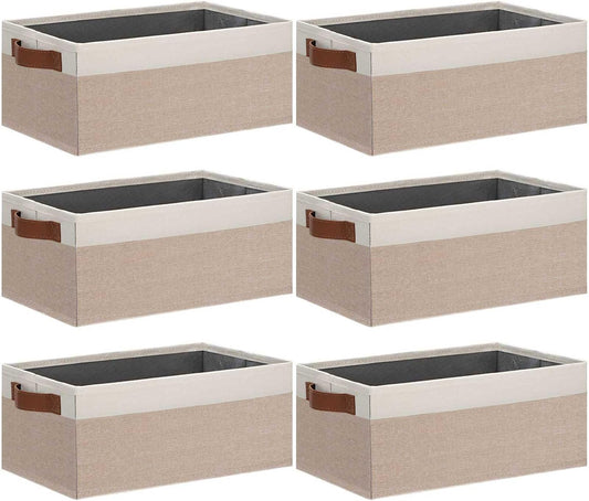 GhvyenntteS Small Fabric Storage Bins 6 Pack, 11.8" x 7.87" x 5.11" Storage Basket with Leather Handles, Closet Storage Bins for Shelves, Storage Baskets for Shelves, DVD Storage (Pink/White)