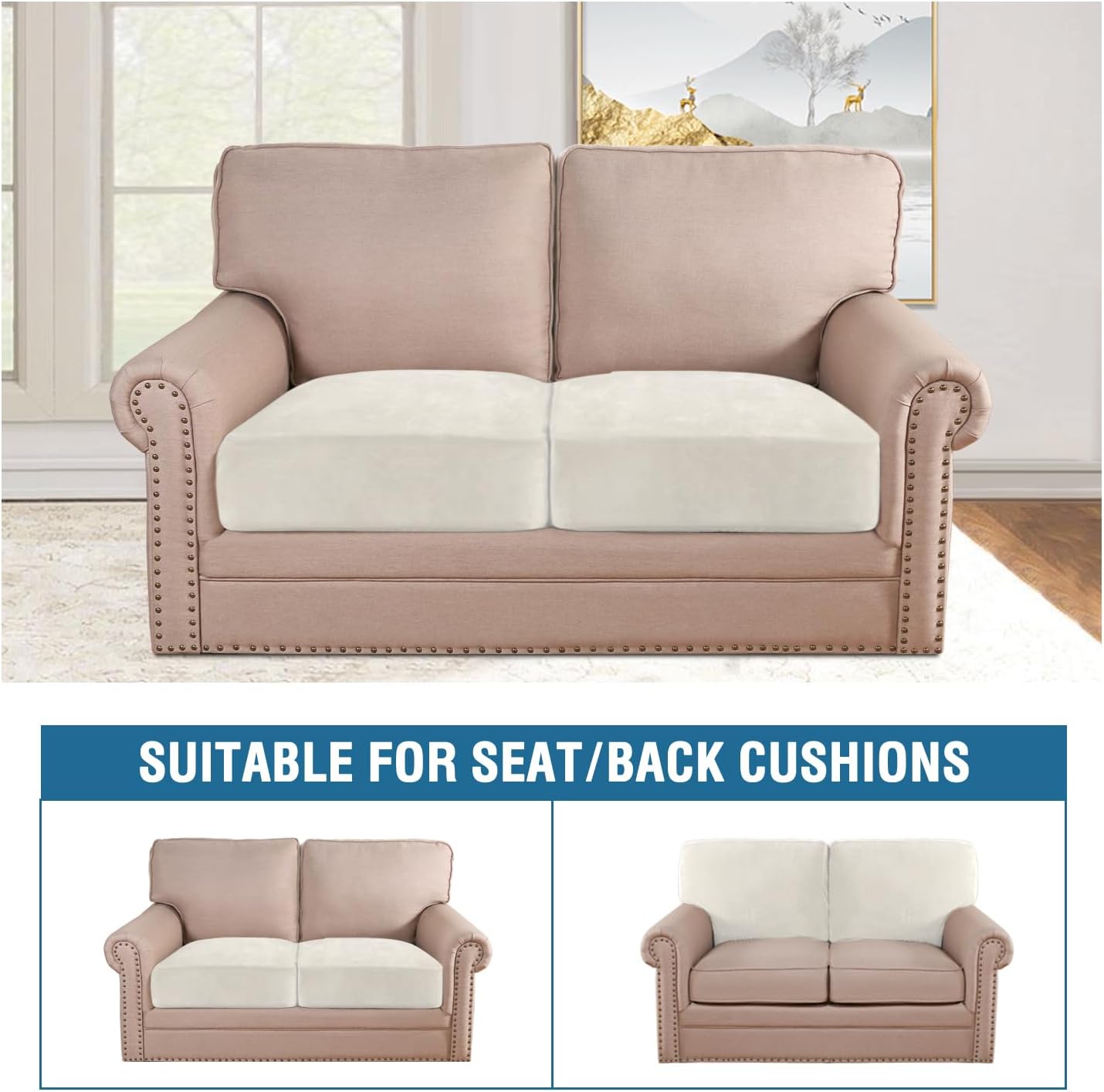 H.VERSAILTEX Velvet Stretch Couch Cushion Cover Plush Cushion Slipcover for Chair Loveseat Sofa Cushion Furniture Protector Seat Cushion Sofa Cover (2 Piece Medium Sofa Cushion Covers, Porcelain)