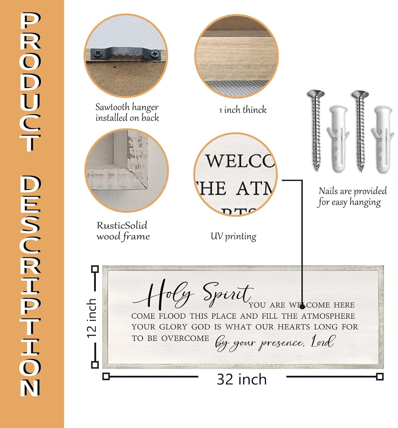 Holy Spirit You are Welcome Here Wall Decor Art 32x12 Inch Large Christian Song Bible Verse Plaque Wood Framed Sign Living Room Scripture Quote Religious For Office Wall Hanging (White)