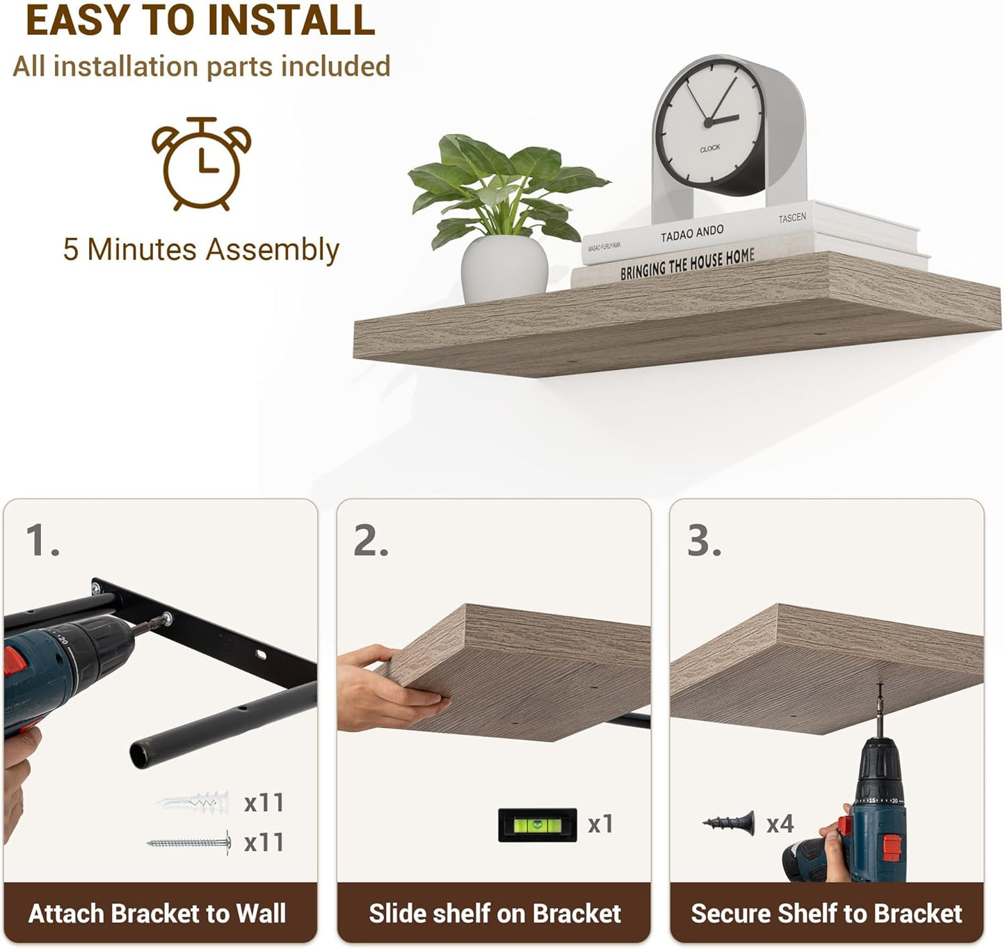 24 Inch Floating Shelves, 3D Textured Wood Grain, 24"x9.25"x1.5" Inch Deep Floating Shelves for Wall, Wooden Shelves for Bathroom, Bedroom, Living Room, Vintage Gray Oak