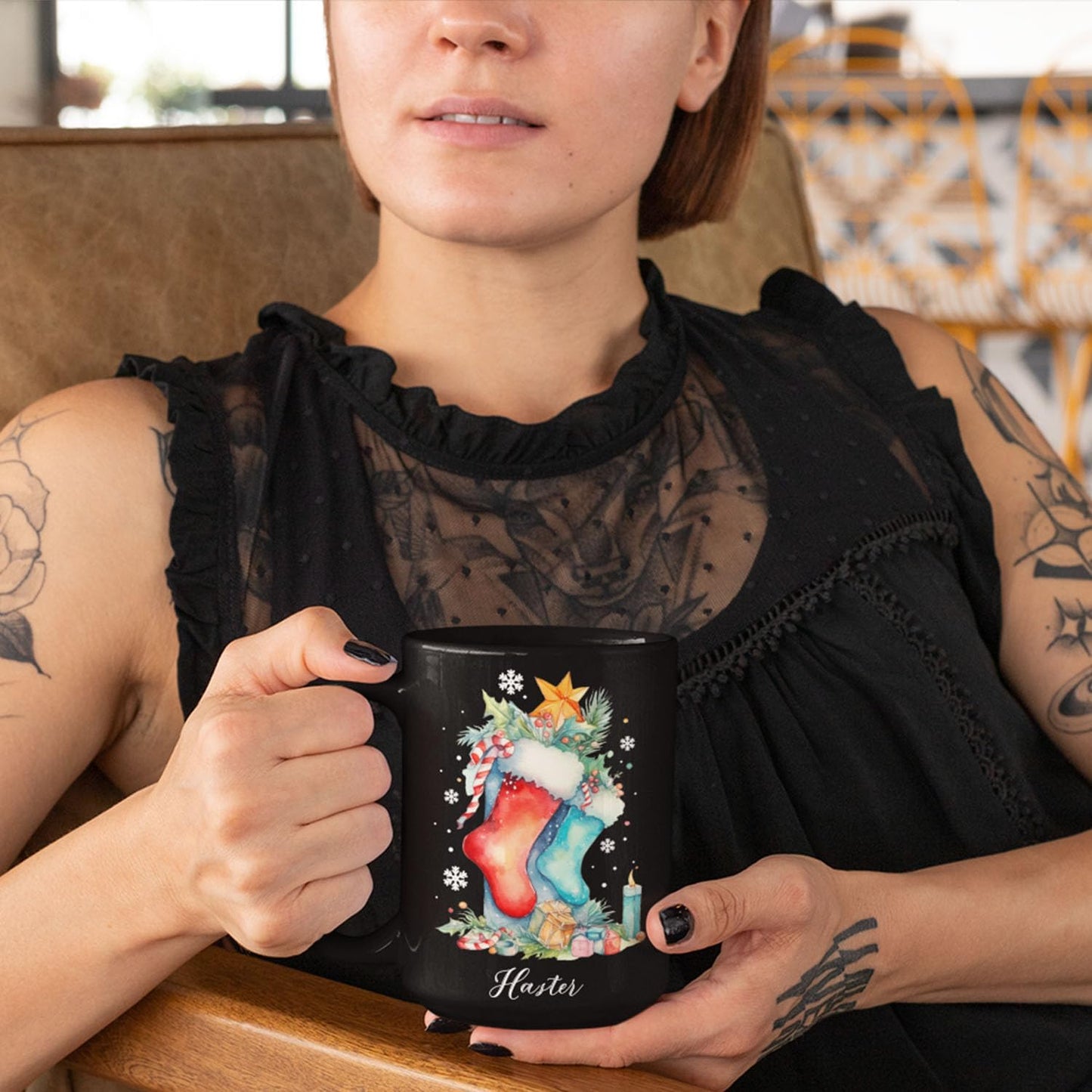 Custom Funny Christmas Cup, Christmas Sock With Gifts And Candle Design Mug, Customized Name Christmas Black Cup 11oz 15oz, Personalized Coffee Mug For Christmas, Christmas Sock Detailed Cup