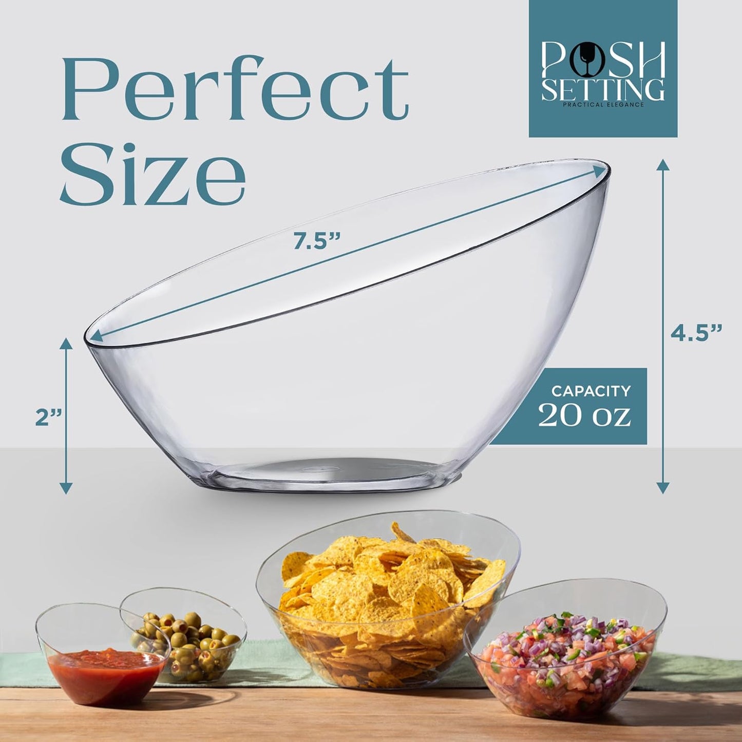Posh Setting Crystal Clear, Disposable Premium Hard Plastic Medium Angled Bowl, Party, Salad, Snack and Fruit Bowl 5 Pack