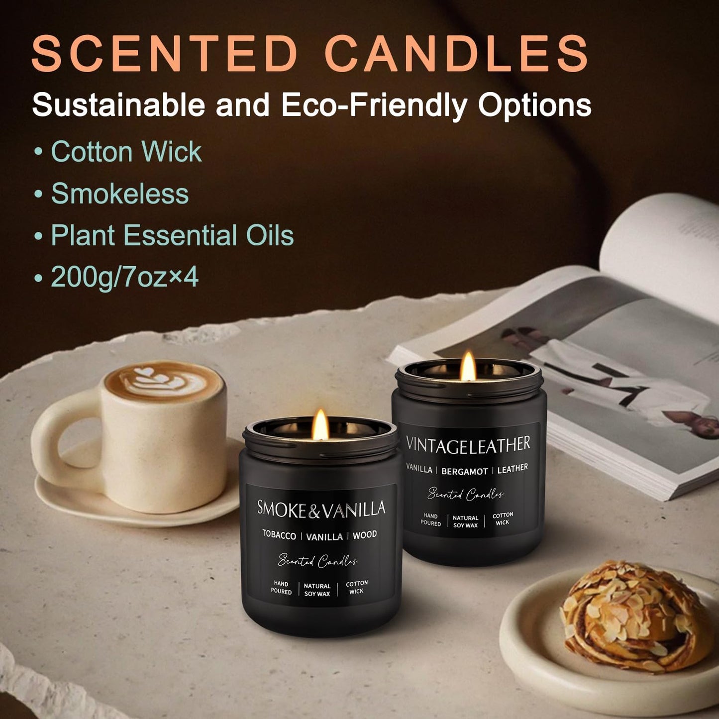 Scented Candles Gift Set - 4 Pack (7oz Each) Soy Wax Aromatherapy Candles with Essential Oils, Smokeless - Leather & Smoke, Vanilla Oakmoss, Lavender - Relaxing Fragrance for Home, Office, Yoga