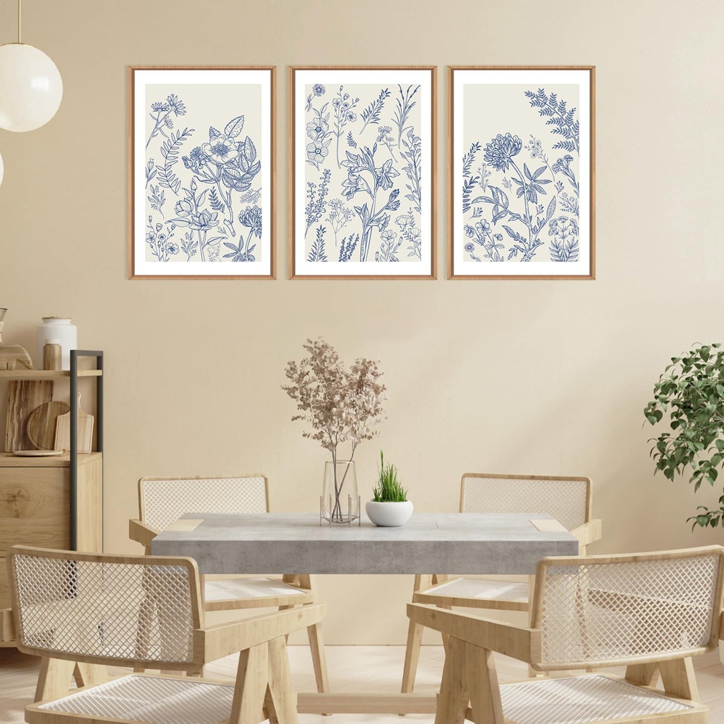 HPINUB Classic Chinoiserie Floral Framed Canvas Wall Art Set,Watercolor Blue and White Botanical Flowers Wall Decor,Navy Blue Minimalist Wildflower Art Print for Living Room,Bedroom,Office-16 x24 x3