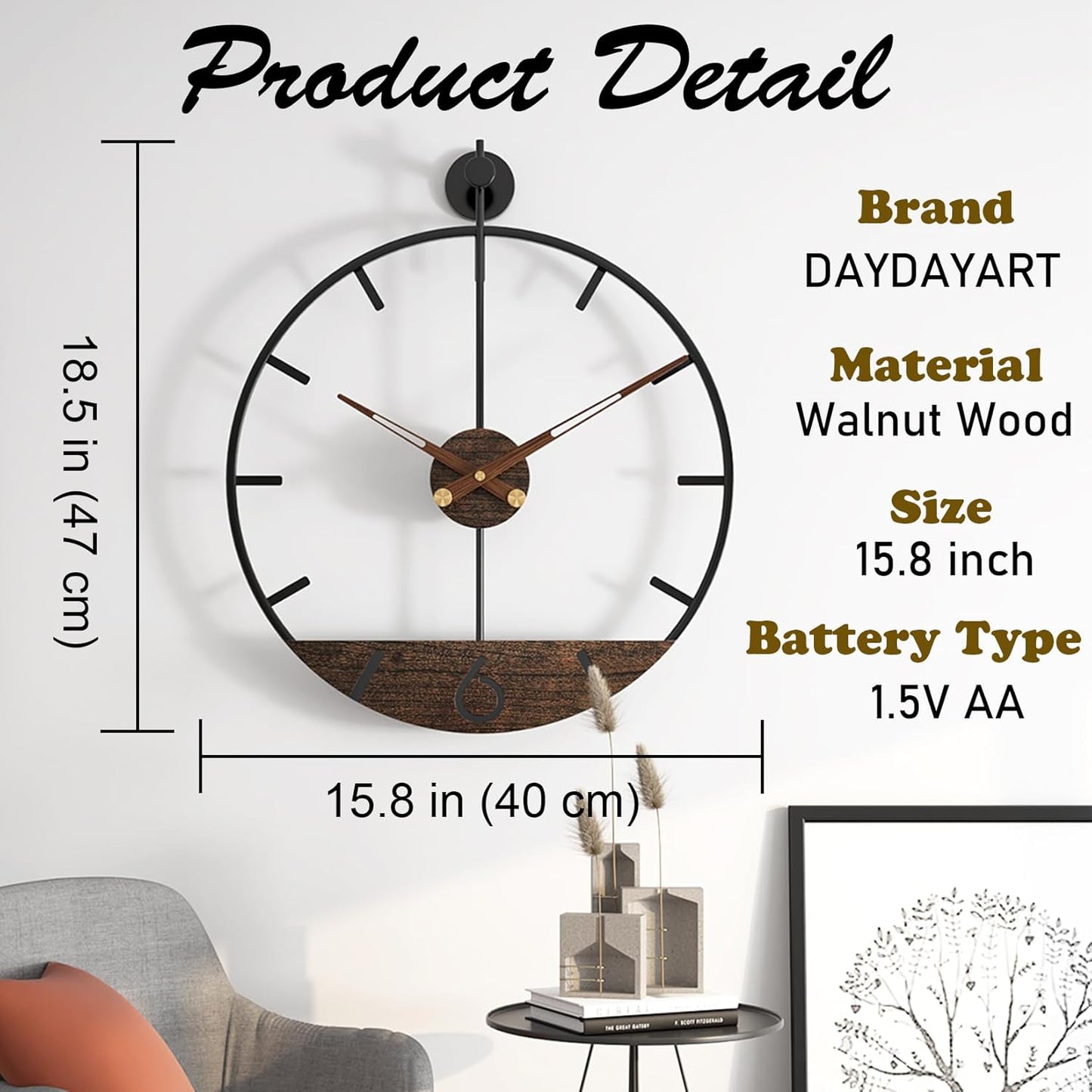 Modern Wood Walnut Dial Wall Clock, Large Simple Wall Decor Metal Frame Silent Non Ticking Clock for Living Room Decor, Kitchen, Bedroom, Study Decoration, Handmade Home Gift Idea, 15.8 in