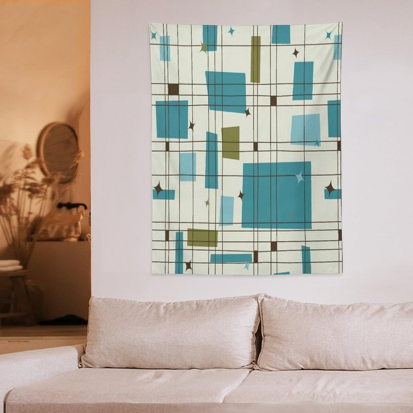 ICMOLYYENLO Boho Medieval Cat Tapestry, Abstract Atomic Starburst Geometric Aesthetic Art Wall Hanging For Bedroom Living Room Dormitory 60x60 Inches