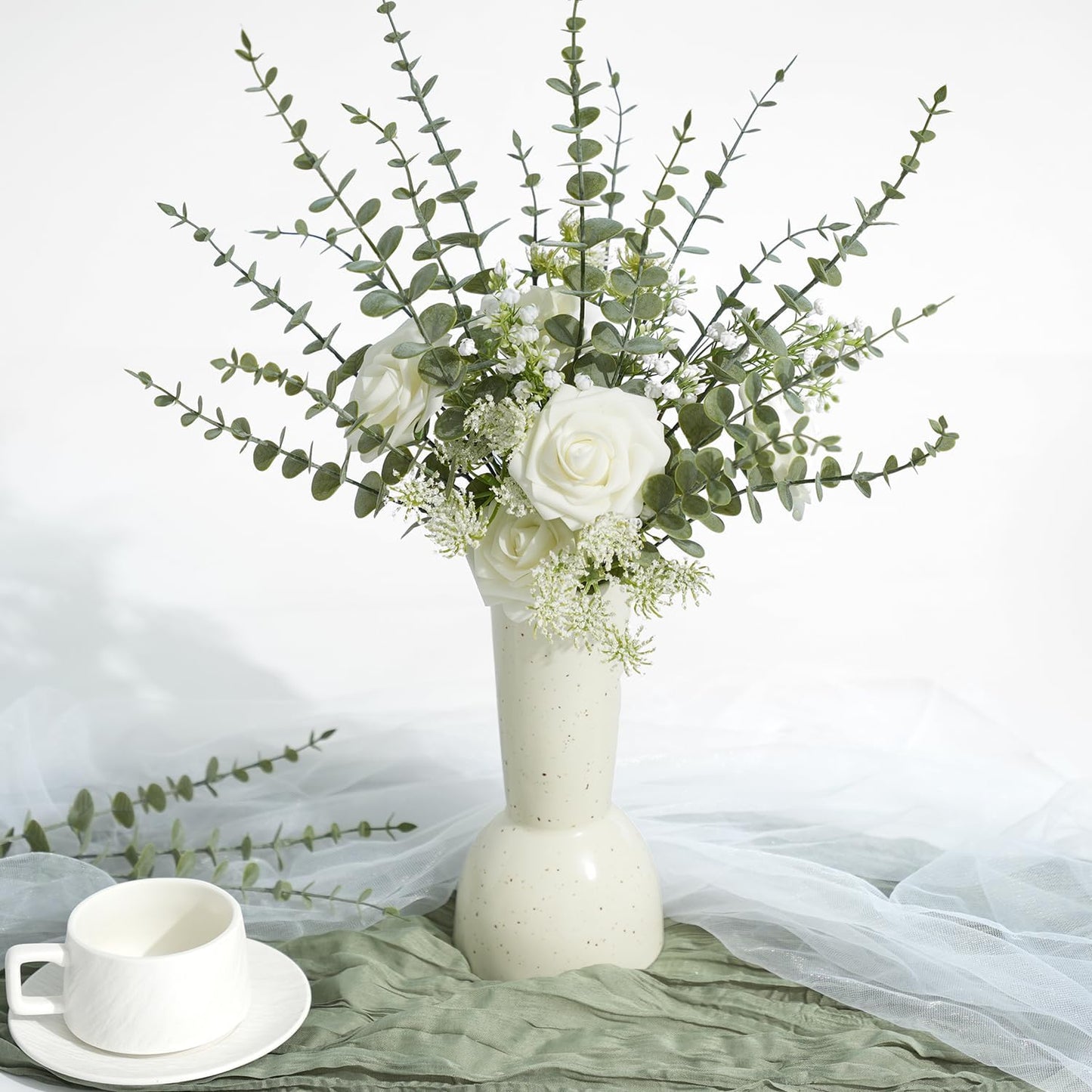 24Pcs Faux Eucalyptus Stems, 15" Artificial Eucalyptus Plants with White Frosted Coating, Fake Eucalyptus Decor Plastic Greenery Leaves for Wedding Bouquets Home Decor DIY Floral Arrangements