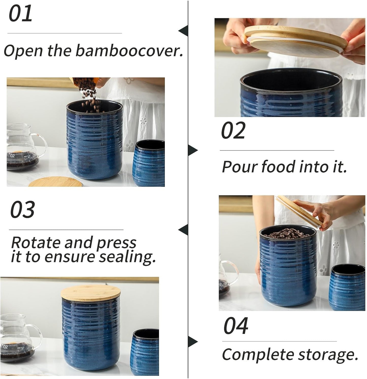 Hasense Ceramic Canister with Airtight Lid for Kitchen Counter, 80 Ounce Large Ceramic Food Storage Jar with Seal Ring for Serving Flour, Grain, Cereal, Pasta, Coffee, Sugar, Tea and Spice, Blue