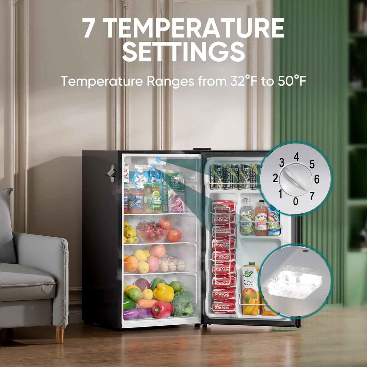 Upstreman 3.2 Cu.Ft Retro Mini Fridge with Bottle Opener, Energy Saving, Adjustable Thermostat, Metal Handle, LED Lamp, Mini Refrigerator for Bedroom, Office, Dorm-BR321 PRO (Black)