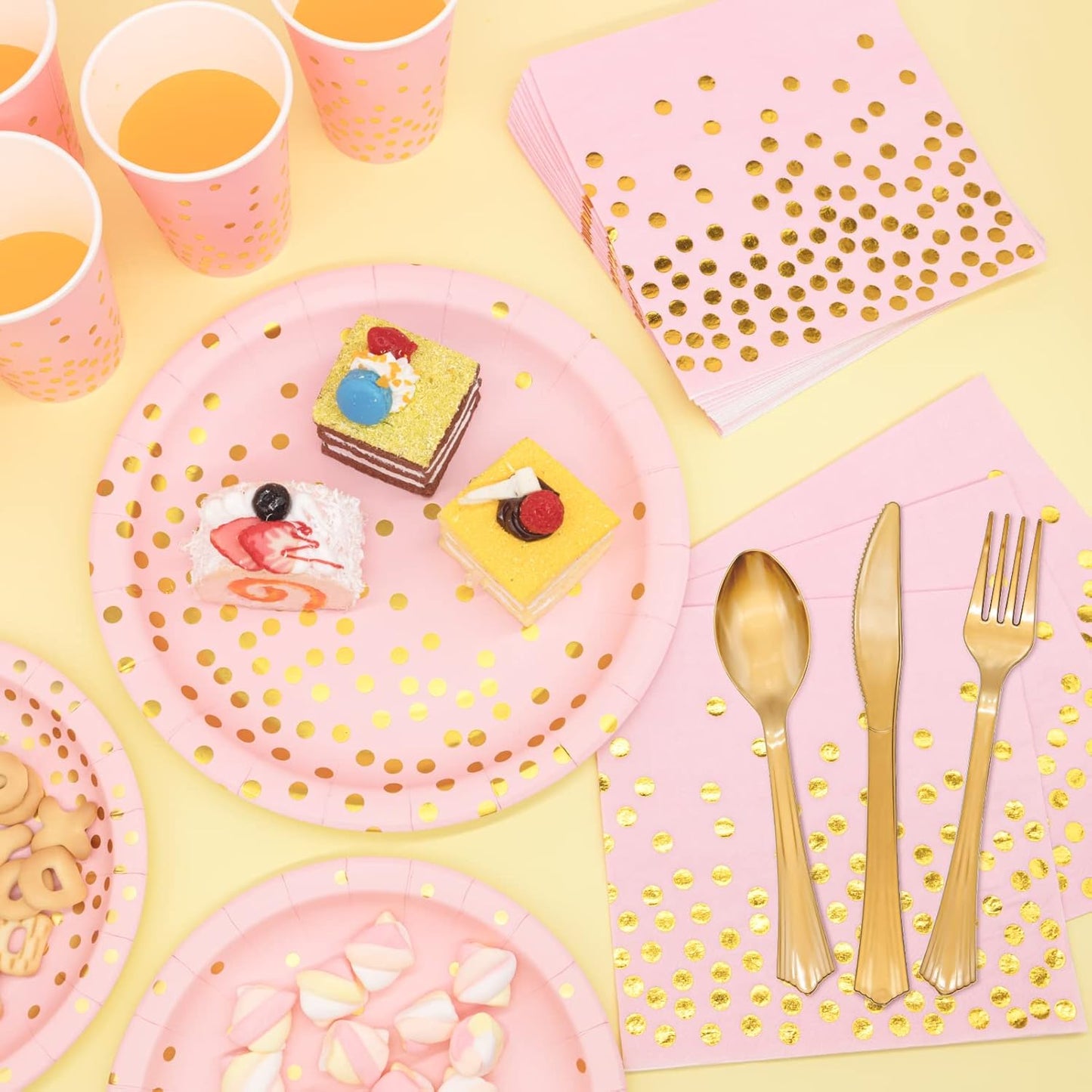 Tiblue Pink & Gold Party Supplies 350 PCS Disposable Dinnerware Set, Pink Paper Plates Napkins Cups, Gold Plastic Forks Knives Spoon for Graduation Birthday Baby Shower Wedding Bachelorette Engagement