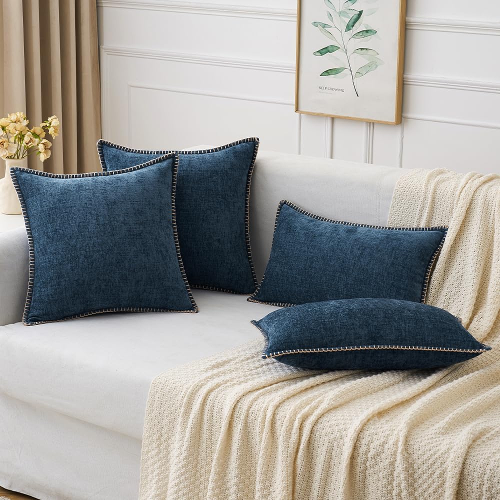 MIULEE Pack of 2 Couch Throw Pillow Covers 12x20 Inch Navy Blue Farmhouse Decorative Pillow Covers with Stitched Edge Soft Chenille Solid Dyed Spring Pillow Covers for Sofa Bed Living Room
