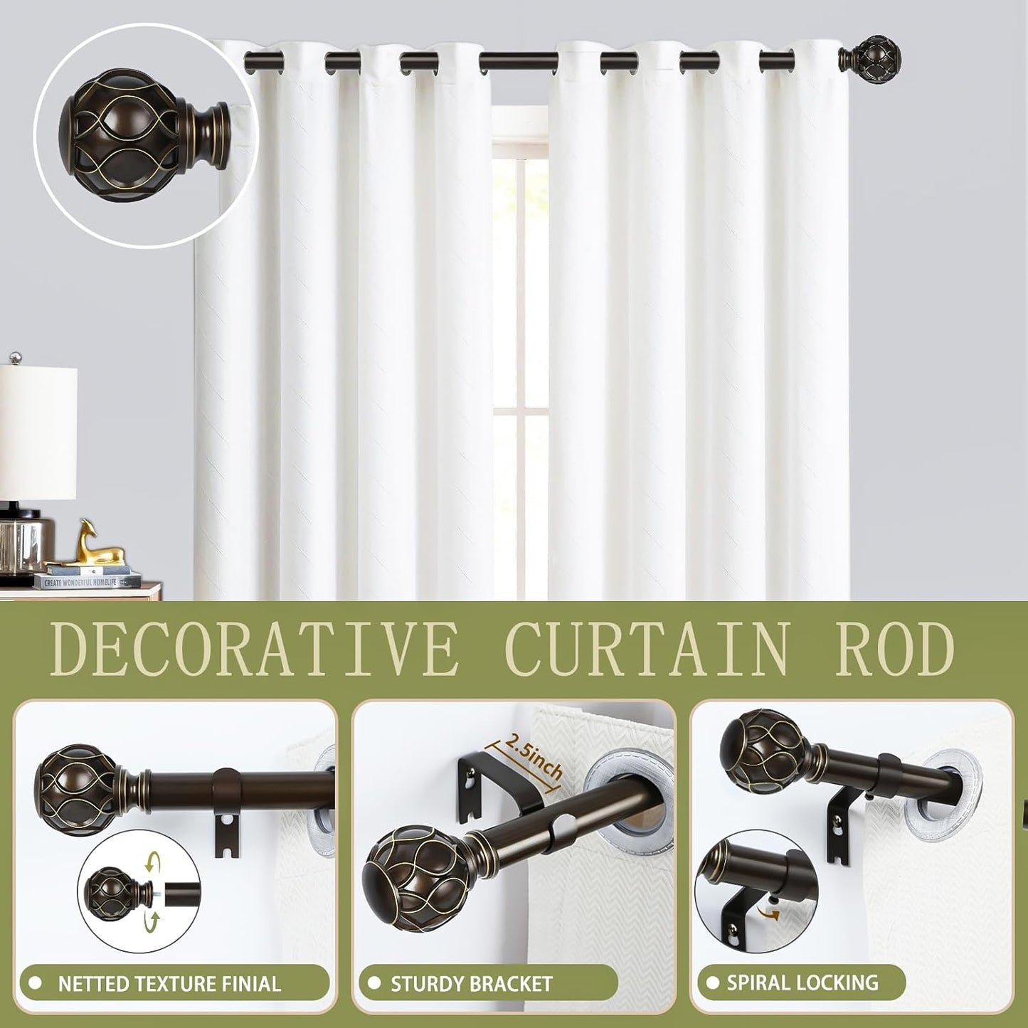 Bronze Farmhouse Curtain Rods for Windows:72-144" Heavy Duty Adjustable Long Curtain Rod for Bedroom Living Room,Boho Decorative Rustic Drapery Rods with Vintage Coastal Finials,Antique Bronze