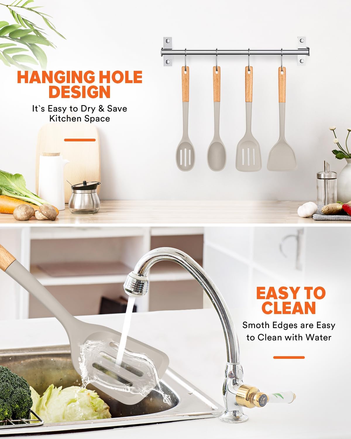 Silicone Cooking Utensils Set, Perfectly Angled for Frying, Mixing,Serving,Draining,Turning and Stirring, BPA-Free Matte Silicone, Wood Handles, Safe for Nonstick Cooking Surfaces,4 Pack (Khaki)