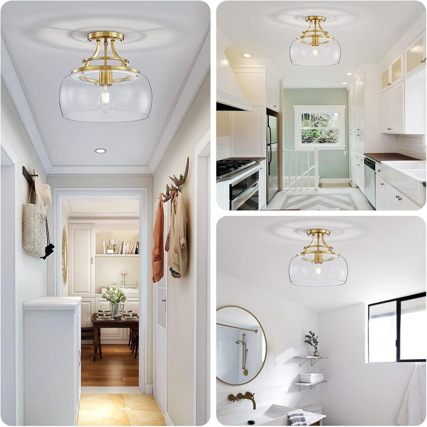 WUZUPS Chandelier Rustic Farmhouse Industrial Round Semi-flushmount Ceiling LED Light Fixture with Clear Glass Shades for Bathroom Kitchen Foyer Entryway, H 11.8" x W 13.4", E26 Base, Brushed Gold