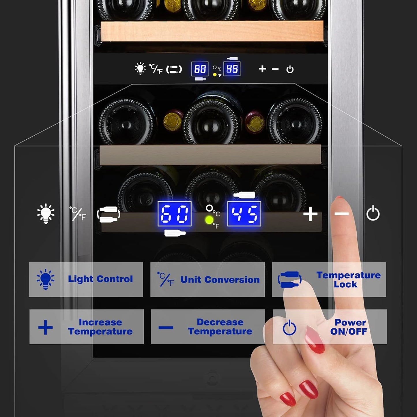 Tylza Mini Fridge 15 Inch Wine Cooler Under Counter, 33 Bottle Dual Zone Wine Fridge with Stainless Steel, Wine Refrigerator Freestanding, Built-in Wine Cellars