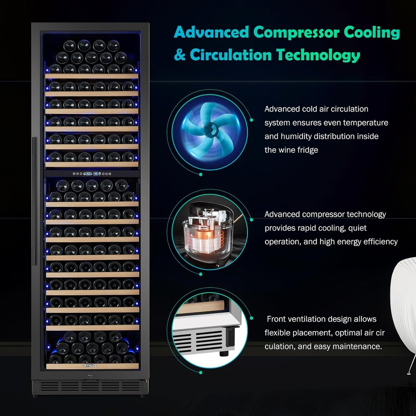 200 Bottle Dual Zone Wine Fridge – 24 Inch Large Capacity Wine Cooler Refrigerator Freestanding/Built-In with Upgraded Compressor, Low-Noise Wine Cellar & Intelligent Temperature Control - Black
