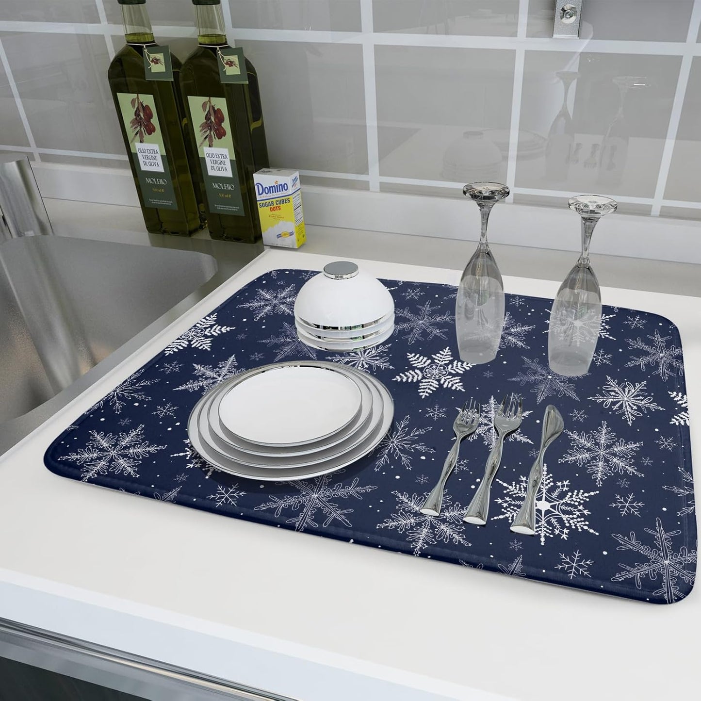 Winter Blue Snowflake Dish Drying Mat for Kitchen Counter Holiday Super Absorbent Reversible Microfiber Kitchen Countertop Protector Dishes Pad Large 18x24 inch