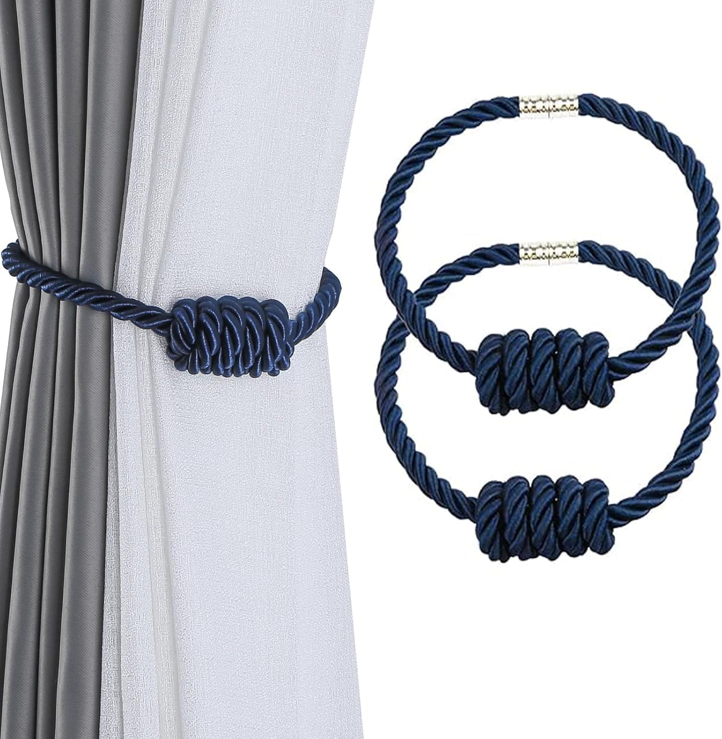 Fenghuangwu 2Pack Magnetic Curtain Tiebacks – Bohemian Style Handmade Woven Tie-Backs for Drapes,Elegant Exquisite Knot Holdbacks,Outdoor Boho & Modern Home Decor（Navy